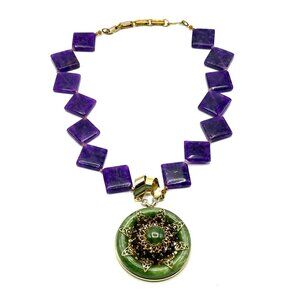 1970s-80s Asian-Inspired Medallion Necklace with Sugilite, Jade & Garnet